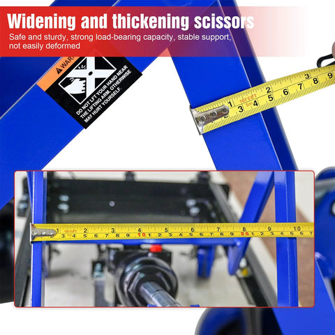 Front view of blue hydraulic lift trolley with four wheels for material handling.