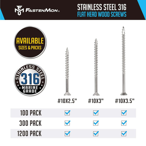 Heavy Duty Marine Grade 316 Stainless Steel Wood Screws Size 10 x 3-1/2 Inch With Torx Flat Head T25 Type 17 Point, 100 Pack Bulk Box