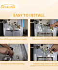 Denkuhin water heater pilot assembly kit with thermopile; collage shows installation steps and gas leak test.
