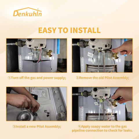Denkuhin water heater pilot assembly kit with thermopile; collage shows installation steps and gas leak test.