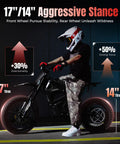Rider on IN10 Pro Electric Dirt Bike With 5500W Peak Mid Drive Power, 50 MPH Top Speed, 17 inch and 14 inch fat off-road tires