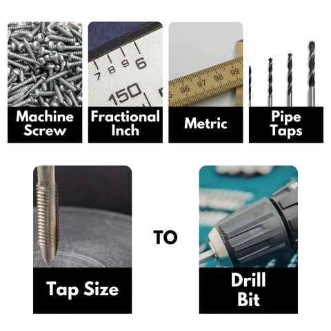 Straight Up Solid Magnetic Tap And Drill Size Reference Chart Eight By Ten Inches showing tap size and drill bit images with measurement types.
