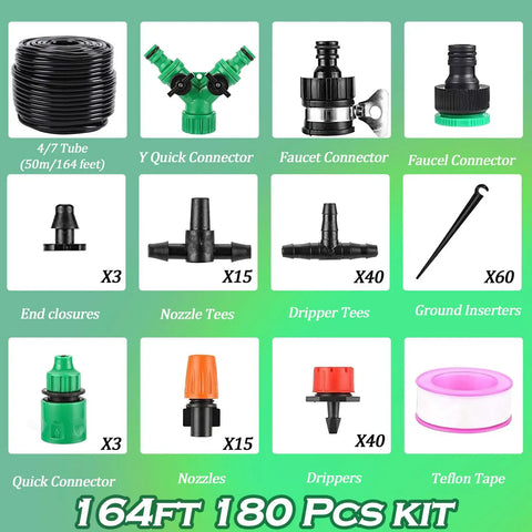 Drip Irrigation Kit For Garden With 1/4 And 1/2 Inch Fast-Lock Tubing No-Fuss Setup Adjustable Nozzles And Sprinklers Y Distributor 164FT Kit
