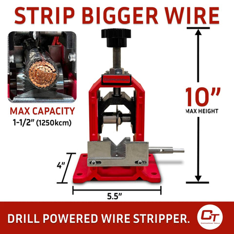 Heavy Duty Manual Copper Wire Stripping Machine For 18 AWG To One And A Half Inch Cable Drill Powered Or Hand Crank Beast Of An Industrial Cable Stripper For Solid And Stranded Wire showing dimensions and max capacity
