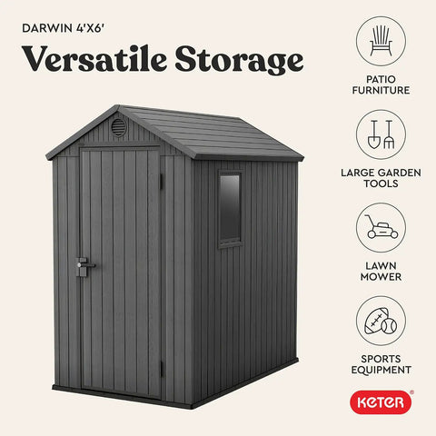 Lockable Resin Outdoor Storage Shed Graphite Gray Four By Six Feet Weather Resistant Patio Garden Tool Organizer Grand Slam Of High Capacity Backyard Gear Stash And Decked Out Storage Corner