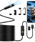 Dual-Lens 1920P HD Endoscope with Light, 8+1 LEDs, 32.8ft cord, IP67 Waterproof, compatible with iPhone, iPad, Android, shown with accessories.