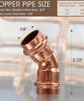 Zero Lead 3/4 Inch Copper Press Fittings Set, 12 Pieces, 45 Degree Elbow Couplings For Copper Pipe, 7/8 Inch OD displayed
