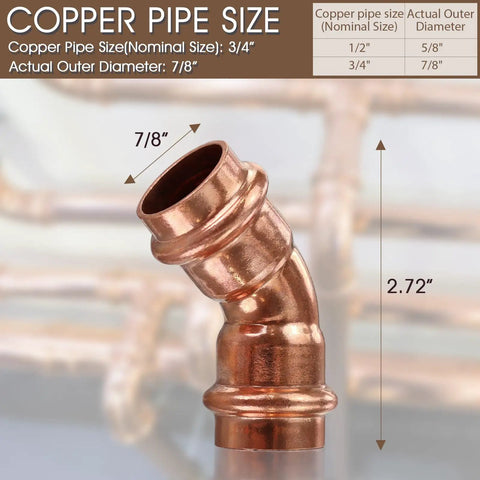 Zero Lead 3/4 Inch Copper Press Fittings Set, 12 Pieces, 45 Degree Elbow Couplings For Copper Pipe, 7/8 Inch OD displayed