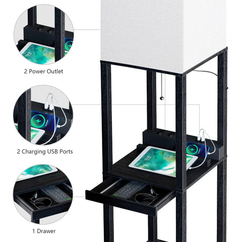 Modern Dimmable Solid Wood Floor Lamp With Shelf And Drawer Two USB Ports And Two Power Outlets Super Handy Corner Tall Bookshelf Lamp