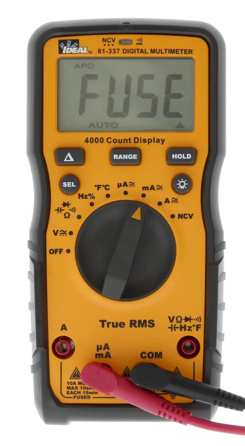 Auto Range Digital Multimeter 600V CAT III NCVT Temp with Backlit Display showing 'FUSE' warning