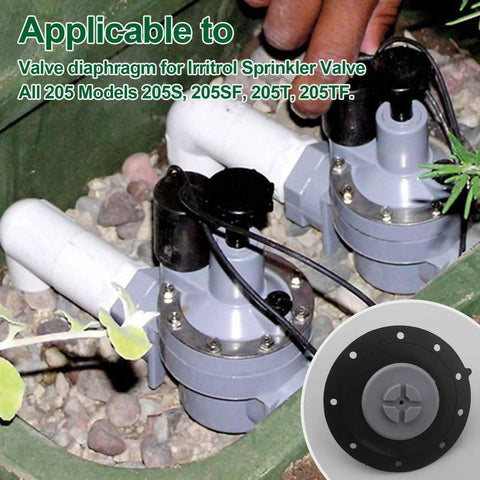 Front view of two gray Irritrol 205-series valve diaphragms with black tops; inset shows diaphragm disk