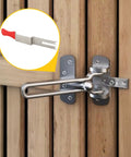 Pro Grade Emergency Break In Tool Stainless Steel Construction With Grippy Red Rubber Sleeve Compact Firefighter Quick Entry Kit 10 7/16 Inches Long shown on a wooden door lock.
