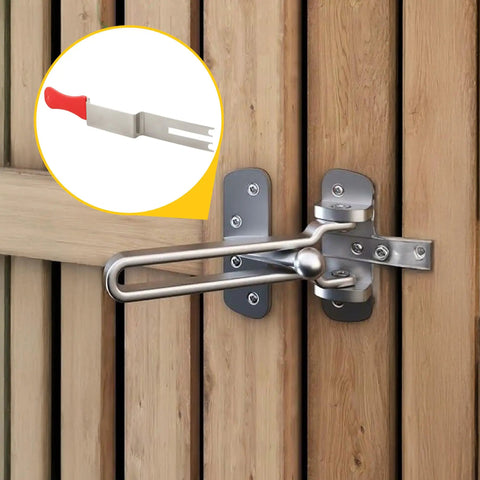 Pro Grade Emergency Break In Tool Stainless Steel Construction With Grippy Red Rubber Sleeve Compact Firefighter Quick Entry Kit 10 7/16 Inches Long shown on a wooden door lock.