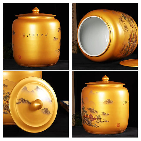 Handcrafted Ceramic Rice Jar With Lid For Kitchen Flour Storage, Glazed Grain Dispenser And Coffee Bean Canister, Solid Stoneware Pantry Vessel That Is An Absolute Game Changer, golden decorative jar with intricate landscape design.