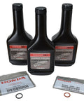 Honda Power Steering Fluid Kit With Three 12 Oz Bottles 08285-P99-0CZA3 Plus High Pressure Black Outlet O Ring Seal And Low Pressure Orange Inlet O Ring Seal For Honda Vehicles, showing three bottles and two O-ring seals.