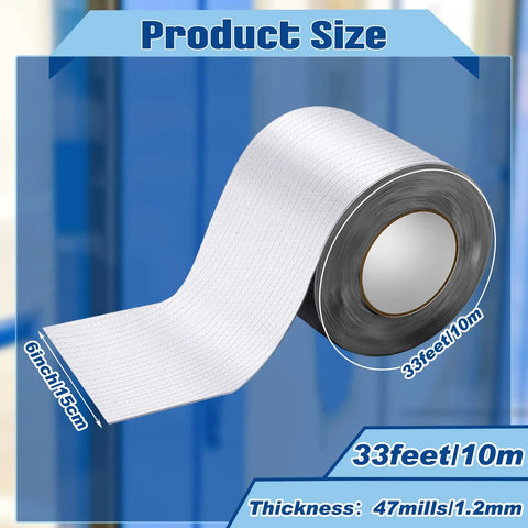 Six Inches By Thirty Three Feet Peel And Stick Roofing Roll With Strong Bond Rubber Adhesive And Sun Shield Aluminum Top on a roll with size details