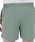 Back view of 2 In 1 Running Shorts With Built In Liner For Men, 5 Inch Inseam, Woven Stretch Quick Dry Fabric, Hedge Green color