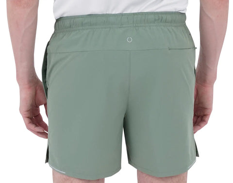 Back view of 2 In 1 Running Shorts With Built In Liner For Men, 5 Inch Inseam, Woven Stretch Quick Dry Fabric, Hedge Green color