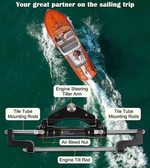 Front Mount Outboard Hydraulic Steering Cylinder Kit With Two Way Lock Valve And ORB Fittings For 300HP Outboard Powered Boats Dockside Ready, Fits Center Console Bass Flats Offshore Cruisers And More Max Working Pressure 1500 PSI