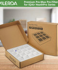 Open box of PreMax Pre Filter Replacement Compatible With IQAir HealthPro Series H13 True HEPA First Stage Filter on a table.
