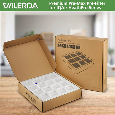 Open box of PreMax Pre Filter Replacement Compatible With IQAir HealthPro Series H13 True HEPA First Stage Filter on a table.