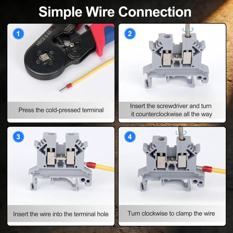 Step-by-step wire connection guide for Thirty Piece Terminal Blocks Kit For DIY And Industrial Projects, 32A 690V Screw Terminal Blocks.