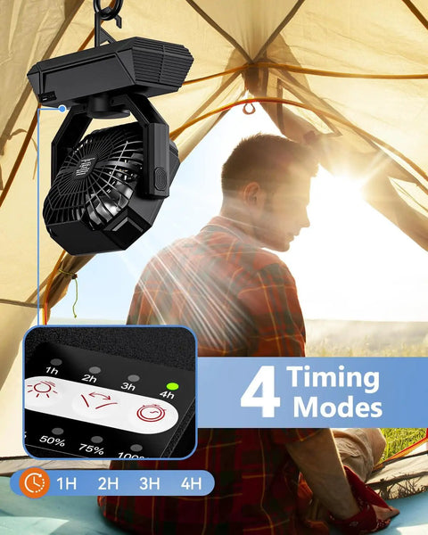 Rechargeable Portable Fan With 20000mAh Battery, USB C Powered, LED Lantern Included, quiet fan hanging in camping tent.