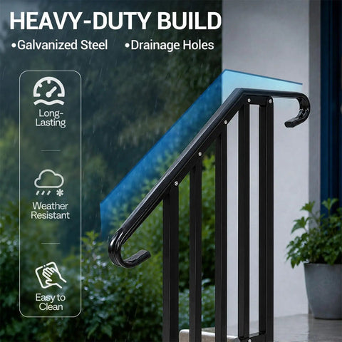 Adjustable 2 Pack Outdoor Stair Handrail Kit Tough As Nails Built With Galvanized Steel and Black Powder Coated industrial pipe style.