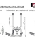 Diagram of Milescraft 1318 drill head clearances showing drill bit, spring, and depth stop variations.