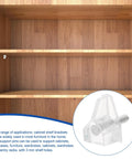20 Plastic Shelf Support Pegs 3mm for Cabinet Shelves, clear design showcased with wooden shelves, easy to install.
