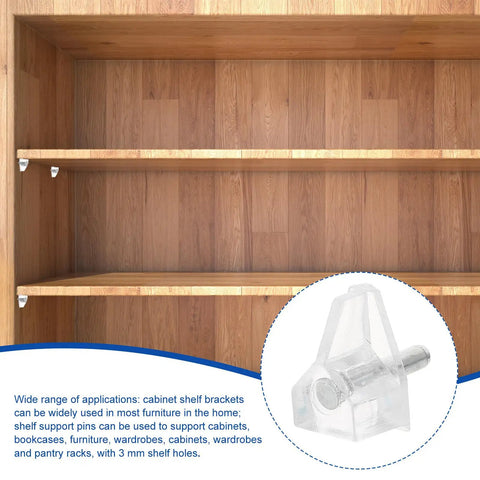 20 Plastic Shelf Support Pegs 3mm for Cabinet Shelves, clear design showcased with wooden shelves, easy to install.