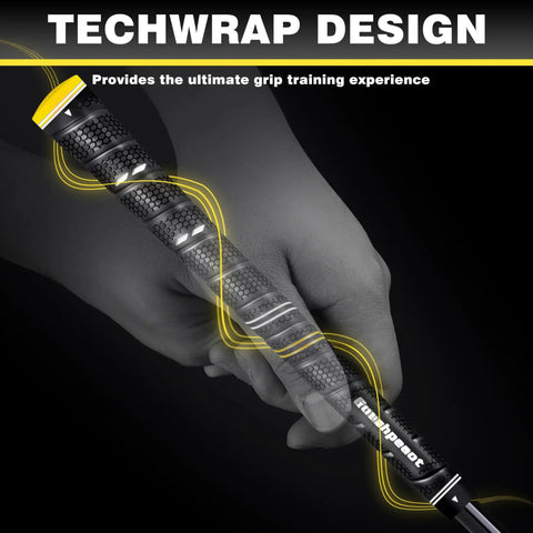 Close-up of hands gripping the Golf Swing Trainer 48 Inch Warm Up Stick For Strength Tempo Balance And Flexibility Indoor Outdoor Practice Aid Groove A Smooth Tour Quality Tempo And Improve Speed And Accuracy Ideal Golf Training Gear In Yellow
