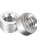 Top Drawer Heavy Duty Self Clinching Nuts Quarter 20 Thread Stainless Steel Rivet Nut With Round Head For Thin Sheet Metal And Quick Install Mounting Hardware Fifty Pack No Fuss Assembly close-up view of two stainless steel nuts