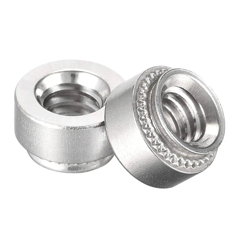 Top Drawer Heavy Duty Self Clinching Nuts Quarter 20 Thread Stainless Steel Rivet Nut With Round Head For Thin Sheet Metal And Quick Install Mounting Hardware Fifty Pack No Fuss Assembly close-up view of two stainless steel nuts