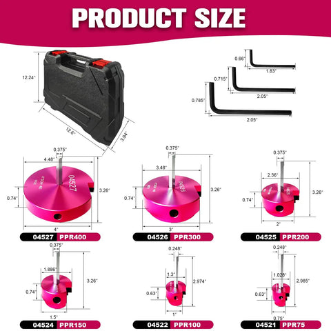 PVC Pipe Reamer Kit With Carbide Blades, 6 Pack For Plastic Pipe Fittings, size guide with case and PPR parts illustration