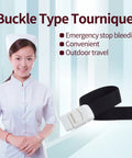 Elastic tourniquet belt with white quick-release buckle on a black strap, front view
