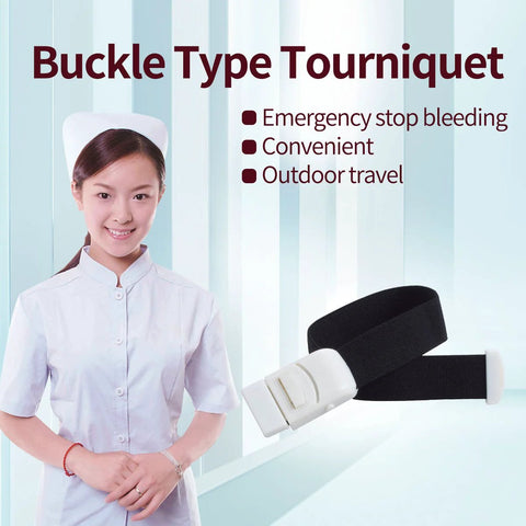 Elastic tourniquet belt with white quick-release buckle on a black strap, front view