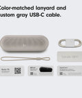 Pill Wireless Bluetooth Speaker And Portable USB C Charger With All Day Battery Life IP67 Water Resistant Apple And Android Compatible Built In Microphone Light Gray with accessories
