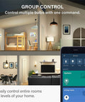 Smart Light Bulbs With S1 Auto Pairing For Alexa Compatible Warm White Lighting 2700K E26 60W Equivalent shown controlling rooms