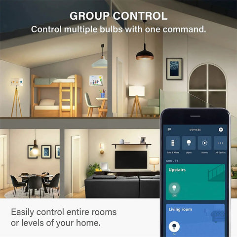 Smart Light Bulbs With S1 Auto Pairing For Alexa Compatible Warm White Lighting 2700K E26 60W Equivalent shown controlling rooms