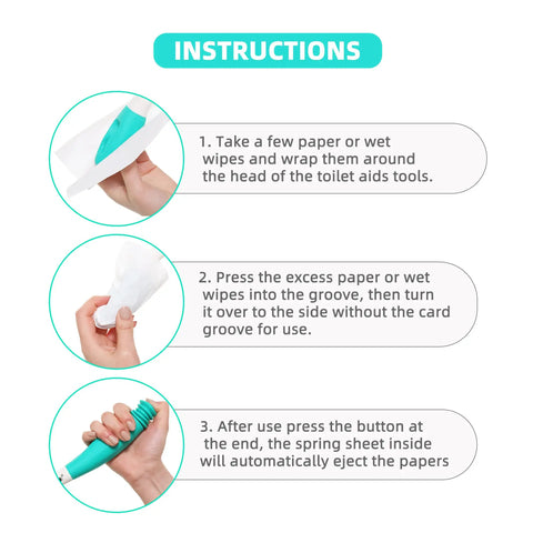 Steps for using Long Reach Toilet Aid For Easy Wiping Extends Your Reach Over 15 Inches To Grip Toilet Paper or Wipes.