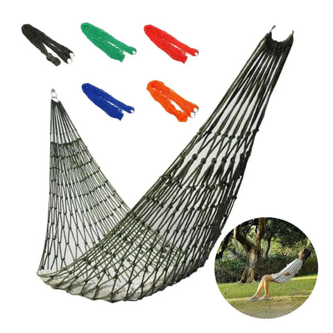 Person relaxing in Go To Outdoor Mesh Hammock With Nylon Rope, Single Size For Camping And Backyard Chill, Lightweight Portable Orange Hammock
