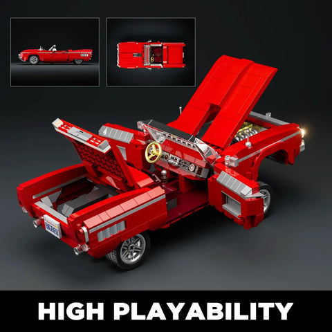 Low Rider Big Red Car Building Bricks Set With Street Fusion Vehicle Engineering And Lighting Model Modular Collection Kit Featuring 969 Pieces For Adults Teens And Car Lovers displayed with open hood and trunk