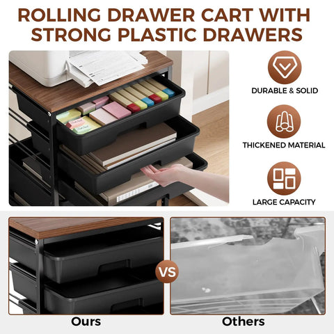 Five Tier Rolling Storage Cart With Wood Top On Wheels For Home Office Classroom Craft Room And Kid Room Mobile Drawer Trolley With Two Big Drawers And Three Small Drawers Black showing drawers with items