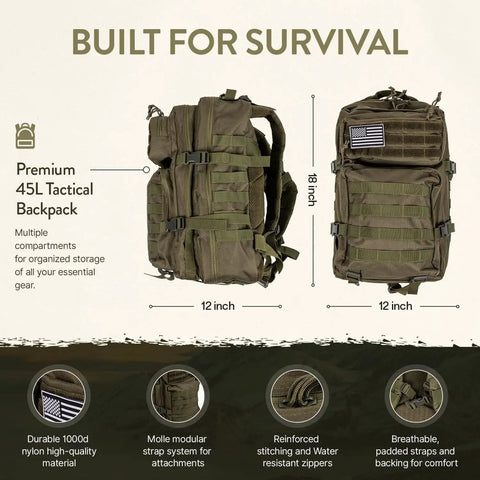 Front and side view of premium 45L tactical backpack for 72 Hour Survival Kit For Two With 45L Bug Out Backpack Elite Outdoor Prepper Gear Comprehensive First Aid, Water Filter, Food, Tools, And Camping And Hiking Essentials For Emergencies.