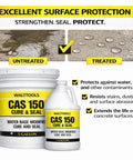 Heavy Duty Water Based Concrete Sealer And Cure Compound Hella Tough For Driveways Patios And Garages Delivering Knockout Dust Defense And A Legit Satin Finish In Five Gallon Pail with treated and untreated surface comparison.