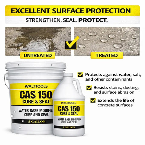 Heavy Duty Water Based Concrete Sealer And Cure Compound Hella Tough For Driveways Patios And Garages Delivering Knockout Dust Defense And A Legit Satin Finish In Five Gallon Pail with treated and untreated surface comparison.