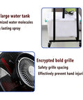 Heavy Duty 26 Inch Stand Up Drum Fan With Mist Spray Cooler And 50 Liter Tub close-up showing large tank and safety grille details.