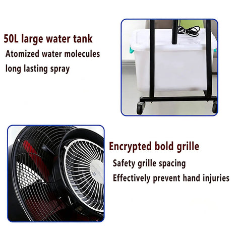 Heavy Duty 26 Inch Stand Up Drum Fan With Mist Spray Cooler And 50 Liter Tub close-up showing large tank and safety grille details.