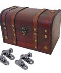Swing Arm Latch Antique Cabinet Hardware For Jewelry Box And Suitcase Left And Right Clasp Set Of 2 shown with wooden chest